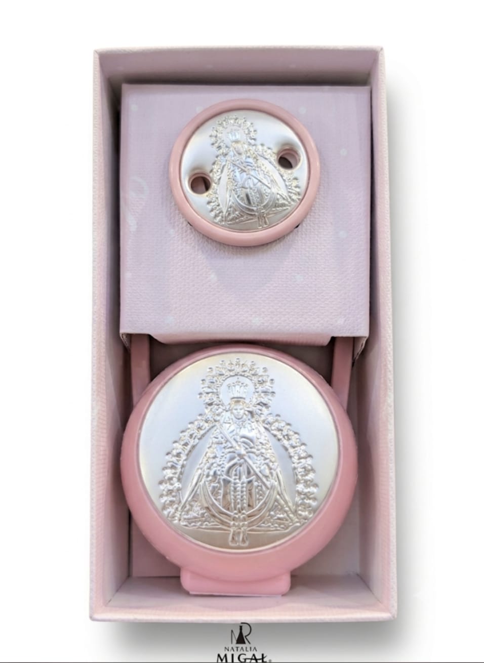 Porta chupete y chupetero rosa Virgen de la Cabeza