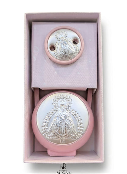 Porta chupete y chupetero rosa Virgen de la Cabeza